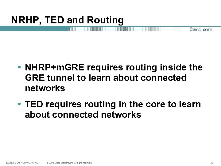 NRHP, TED and Routing • NHRP+m. GRE requires routing inside the GRE tunnel to