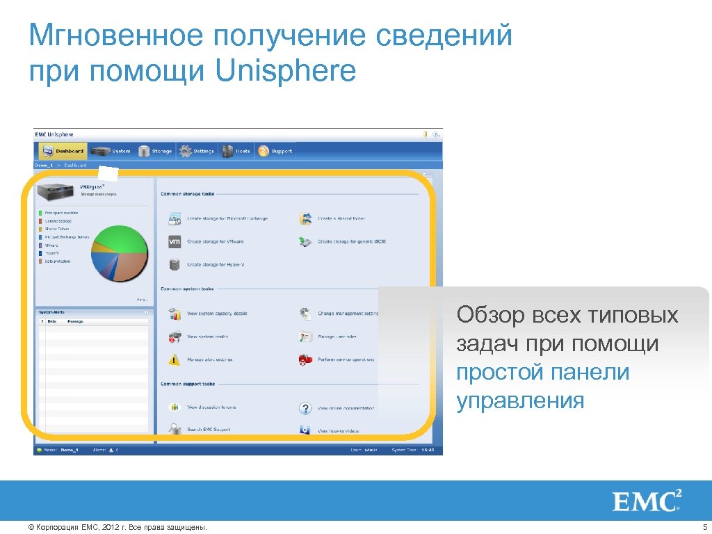 Мгновенное получение сведений при помощи Unisphere Обзор всех типовых задач при помощи простой панели