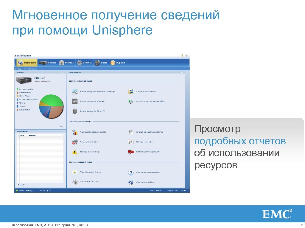 Мгновенное получение сведений при помощи Unisphere Просмотр подробных отчетов об использовании ресурсов © Корпорация
