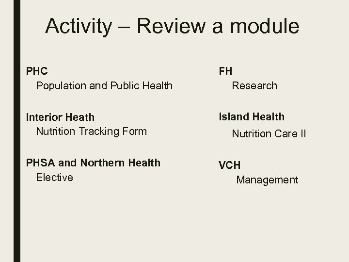 Activity – Review a module PHC Population and Public Health FH Research Interior Heath
