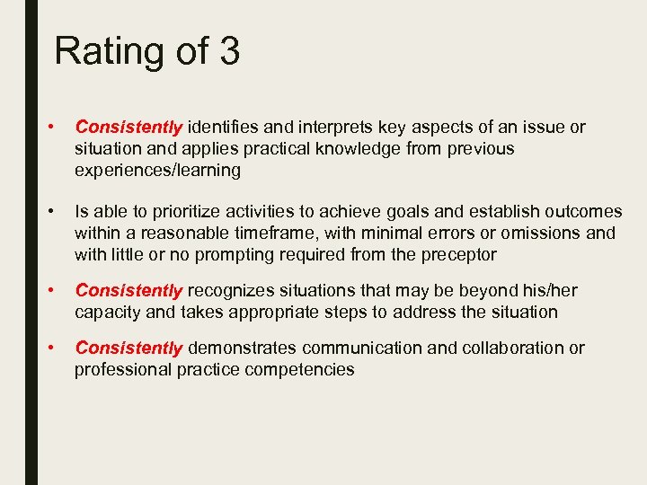 Rating of 3 • Consistently identifies and interprets key aspects of an issue or