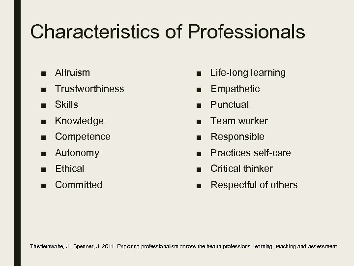 Characteristics of Professionals ■ Altruism ■ Life-long learning ■ Trustworthiness ■ Empathetic ■ Skills