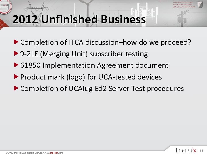 2012 Unfinished Business Completion of ITCA discussion–how do we proceed? 9 -2 LE (Merging