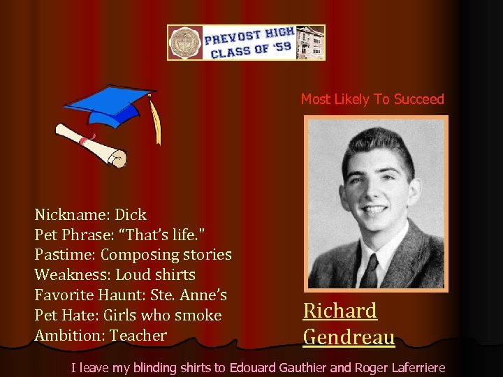 Most Likely To Succeed Nickname: Dick Pet Phrase: “That’s life. 