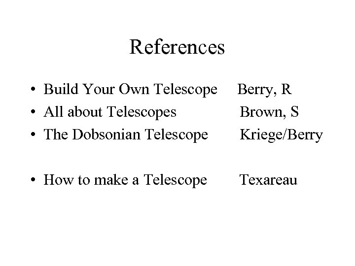 References • Build Your Own Telescope • All about Telescopes • The Dobsonian Telescope