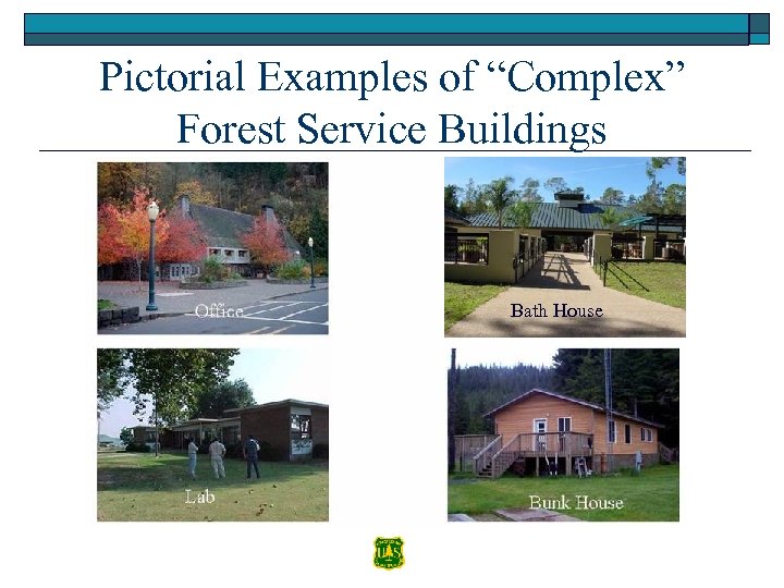 Pictorial Examples of “Complex” Forest Service Buildings Office Barn Office Kiosk or Shed Lab