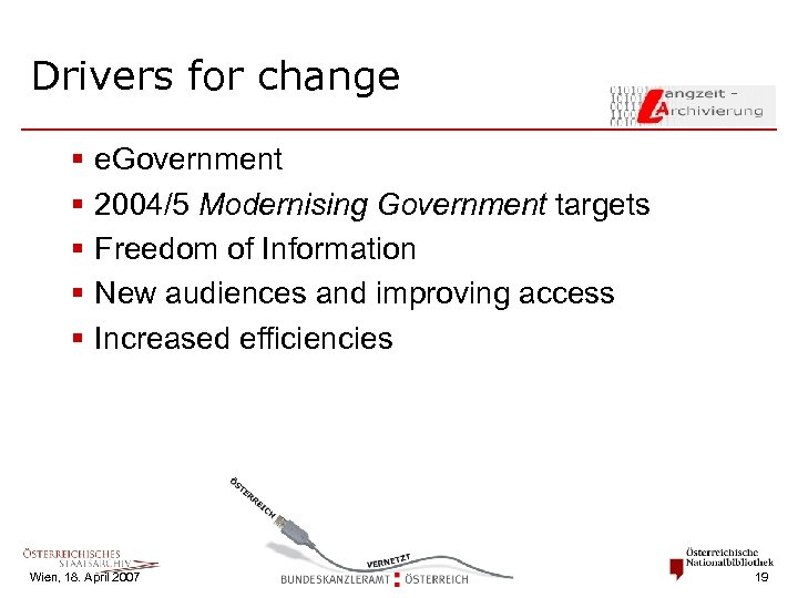 Drivers for change § § § e. Government 2004/5 Modernising Government targets Freedom of