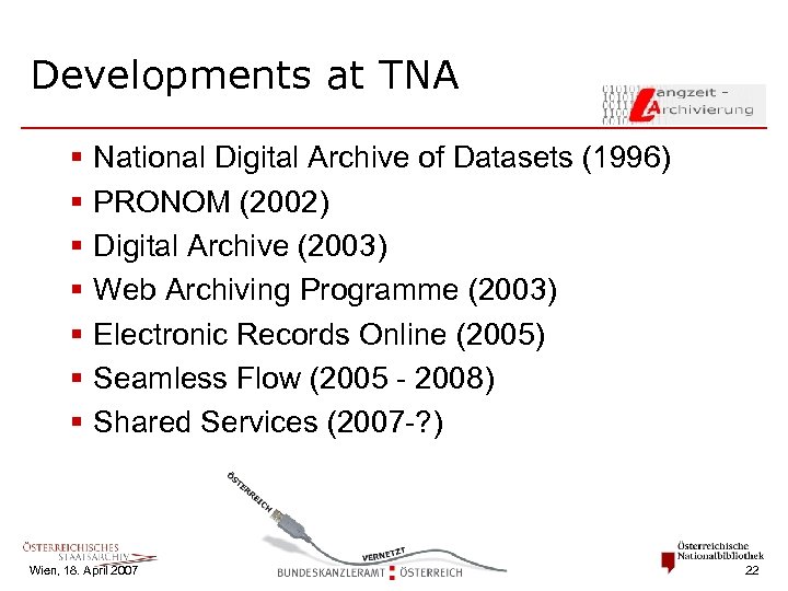 Developments at TNA § § § § National Digital Archive of Datasets (1996) PRONOM