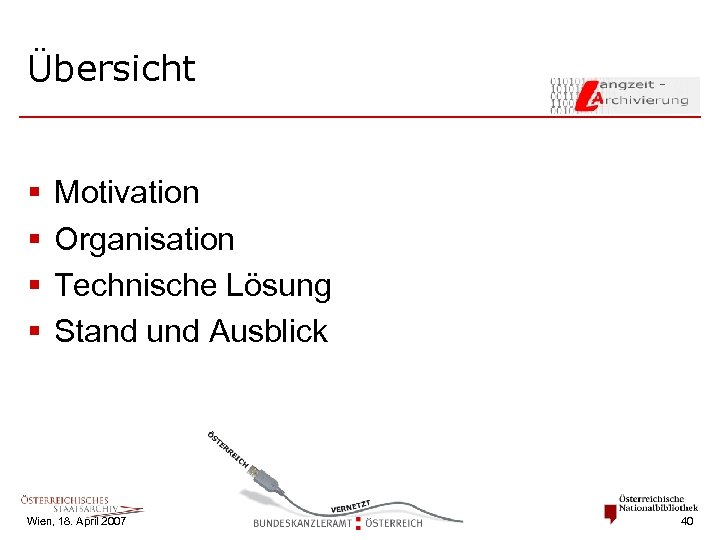Übersicht § § Motivation Organisation Technische Lösung Stand und Ausblick Wien, 18. April 2007