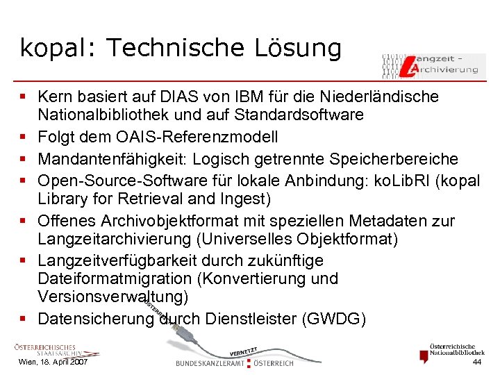 kopal: Technische Lösung § Kern basiert auf DIAS von IBM für die Niederländische Nationalbibliothek