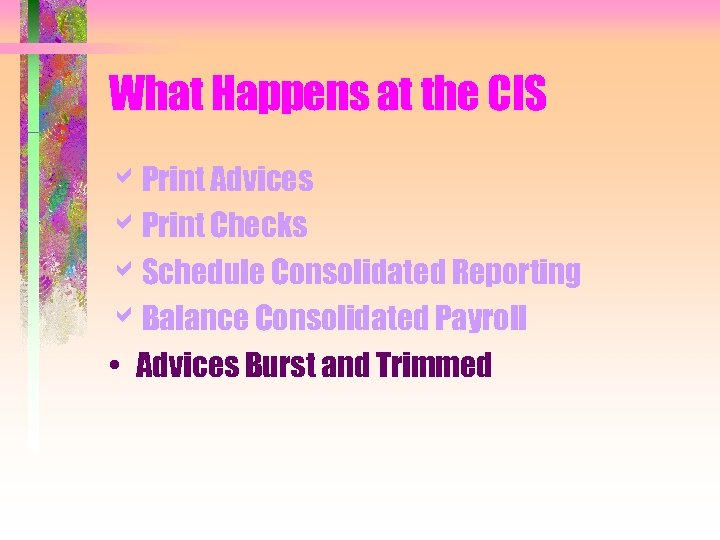 What Happens at the CIS a. Print Advices a. Print Checks a. Schedule Consolidated