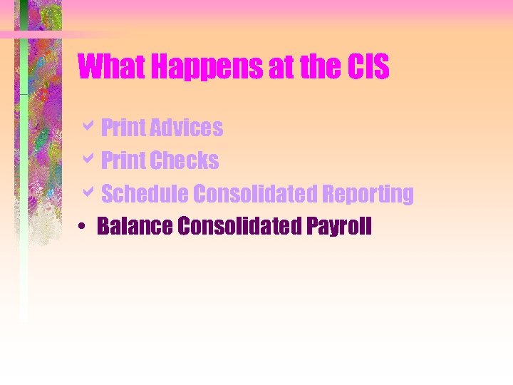 What Happens at the CIS a. Print Advices a. Print Checks a. Schedule Consolidated