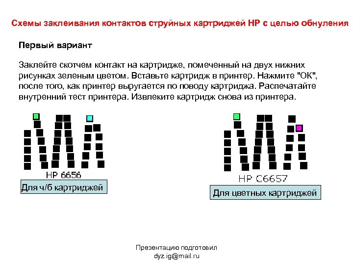 Схемы заклеивания контактов струйных картриджей HP с целью обнуления Первый вариант Заклейте скотчем контакт