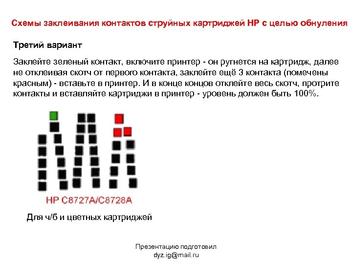 Схемы заклеивания контактов струйных картриджей HP с целью обнуления Третий вариант Заклейте зеленый контакт,