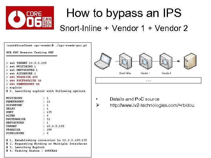 How to bypass an IPS Snort-Inline + Vendor 1 + Vendor 2 [root@localhost rpc-evade]#.