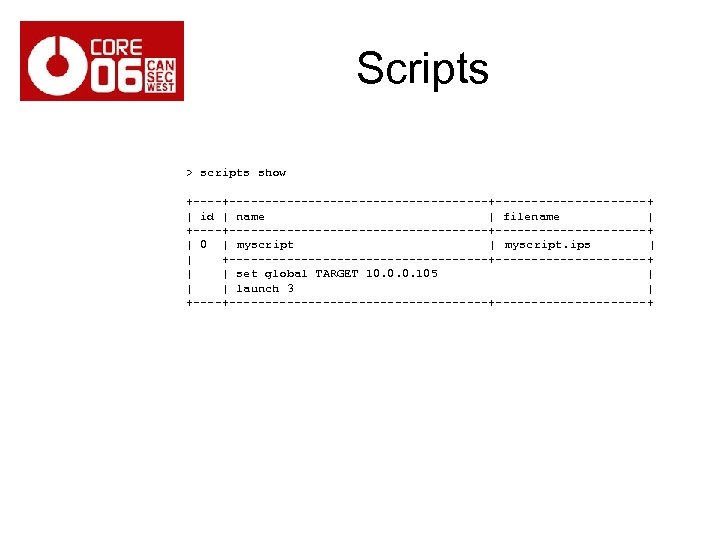 Scripts > scripts show +--------------------+-----------+ | id | name | filename | +--------------------+-----------+ |