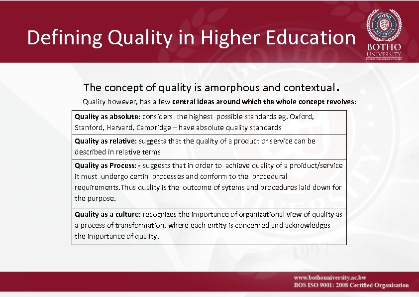 Defining Quality in Higher Education The concept of quality is amorphous and contextual. Quality