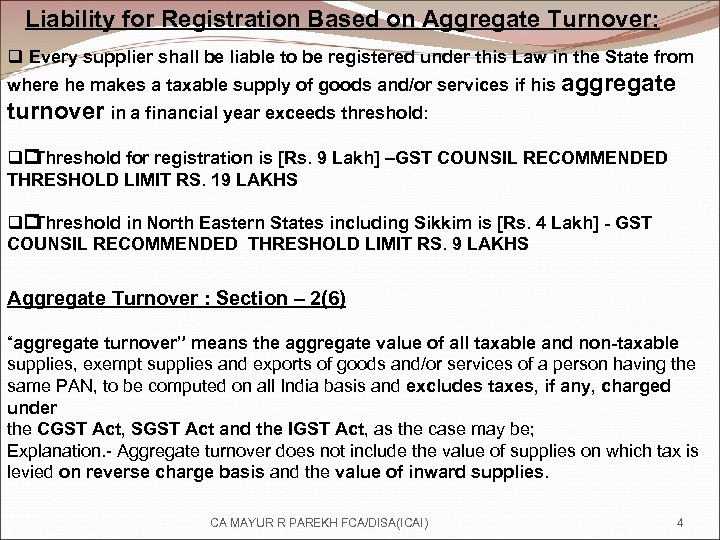 Liability for Registration Based on Aggregate Turnover: q Every supplier shall be liable to