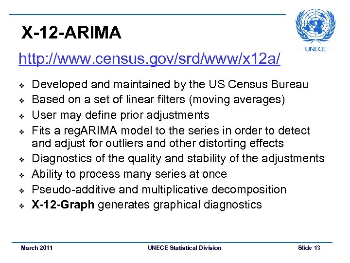 X-12 -ARIMA http: //www. census. gov/srd/www/x 12 a/ v v v v Developed and