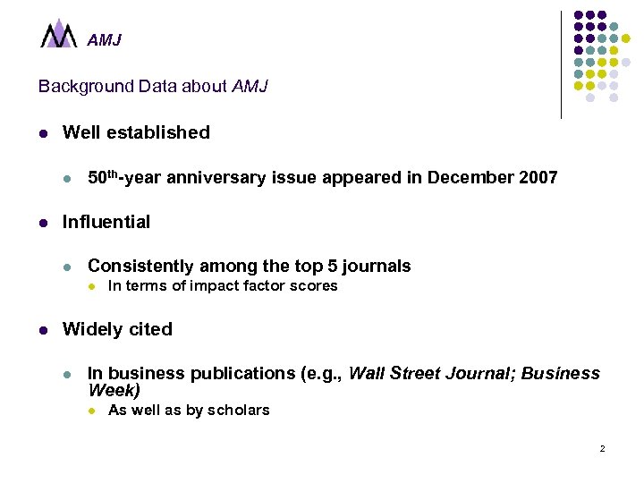 AMJ Background Data about AMJ l Well established l l 50 th-year anniversary issue
