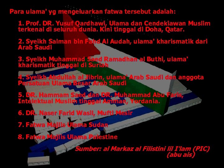 Para ulama' yg mengeluarkan fatwa tersebut adalah: 1. Prof. DR. Yusuf Qardhawi, Ulama dan