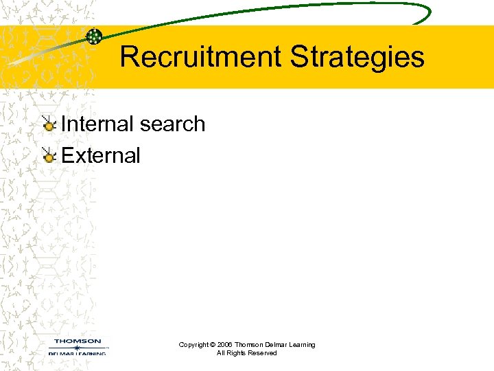 Recruitment Strategies Internal search External Copyright © 2006 Thomson Delmar Learning All Rights Reserved