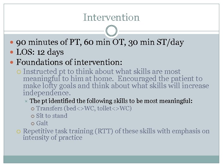 Intervention 90 minutes of PT, 60 min OT, 30 min ST/day LOS: 12 days