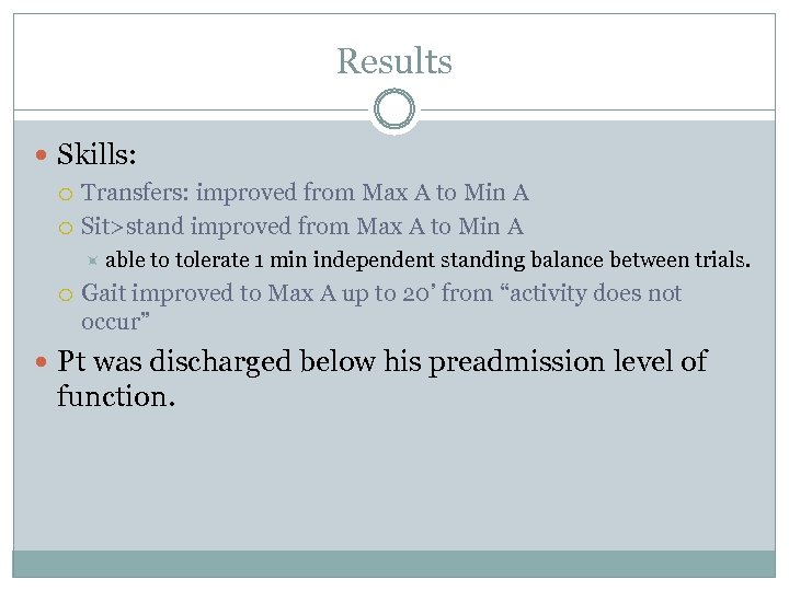 Results Skills: Transfers: improved from Max A to Min A Sit>stand improved from Max