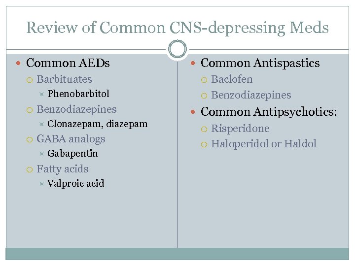 Review of Common CNS-depressing Meds Common AEDs Barbituates Phenobarbitol Benzodiazepines Clonazepam, diazepam GABA analogs