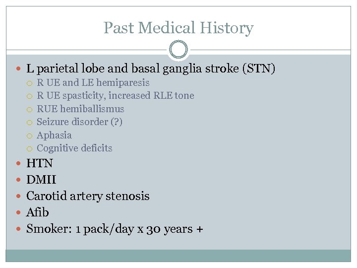 Past Medical History L parietal lobe and basal ganglia stroke (STN) R UE and