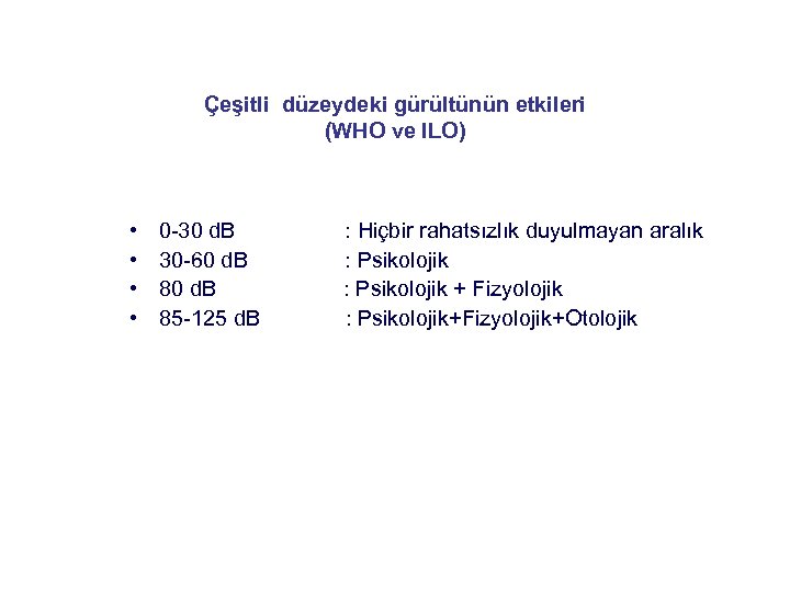 Çeşitli düzeydeki gürültünün etkileri (WHO ve ILO) • • 0 -30 d. B 30
