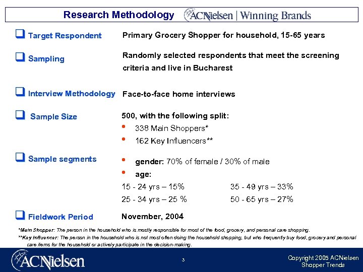 Research Methodology q Target Respondent Primary Grocery Shopper for household, 15 -65 years q