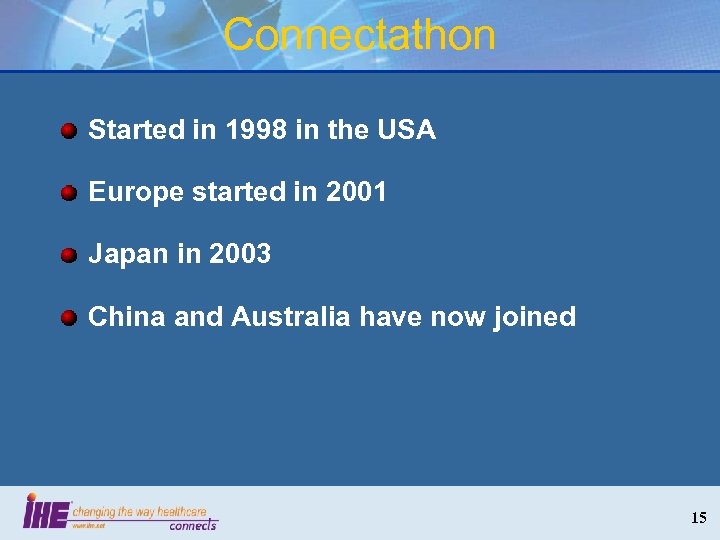 Connectathon Started in 1998 in the USA Europe started in 2001 Japan in 2003