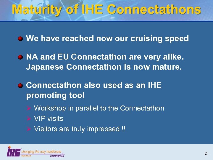 Maturity of IHE Connectathons We have reached now our cruising speed NA and EU