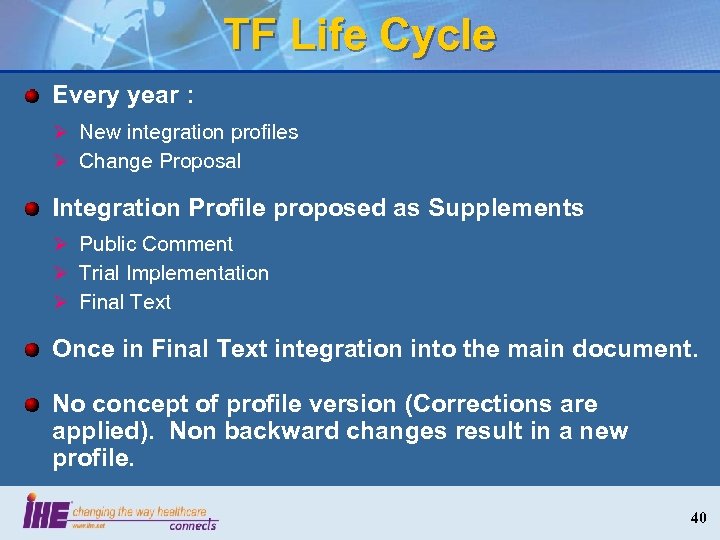 TF Life Cycle Every year : Ø New integration profiles Ø Change Proposal Integration