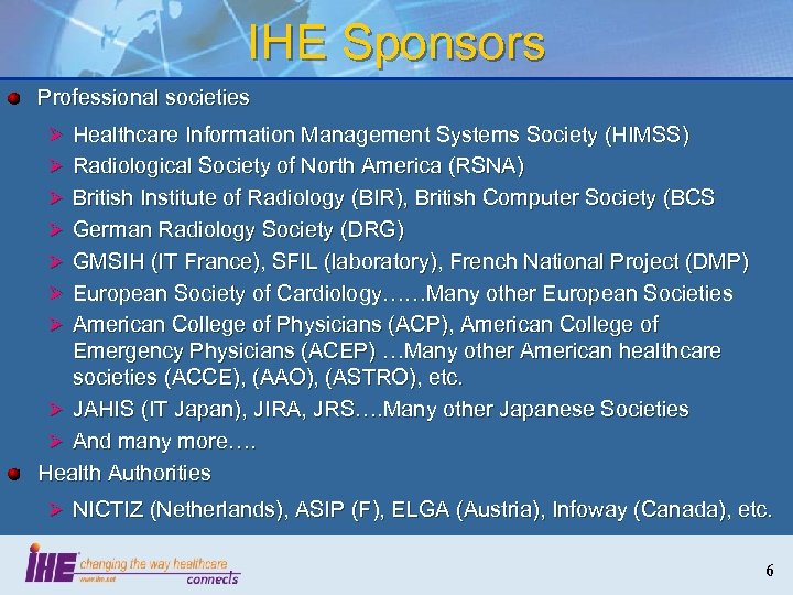 IHE Sponsors Professional societies Ø Healthcare Information Management Systems Society (HIMSS) Ø Radiological Society