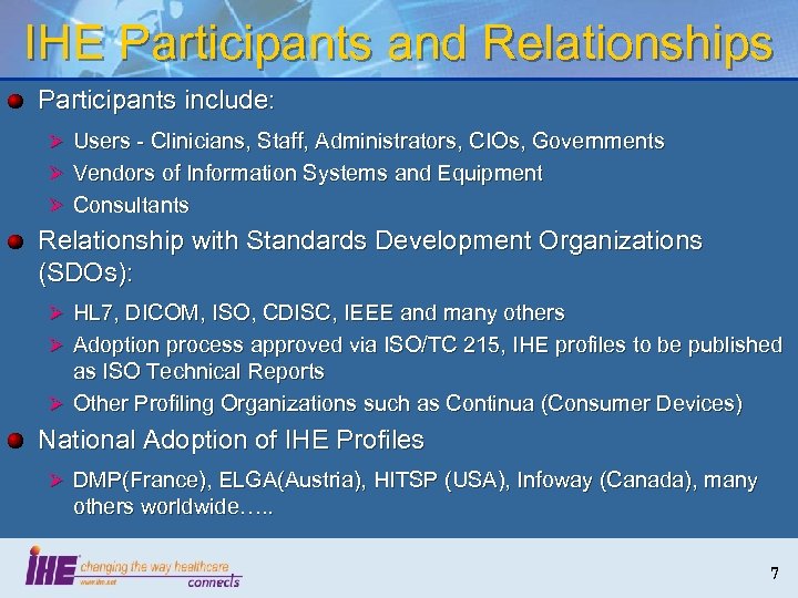 IHE Participants and Relationships Participants include: Ø Users - Clinicians, Staff, Administrators, CIOs, Governments