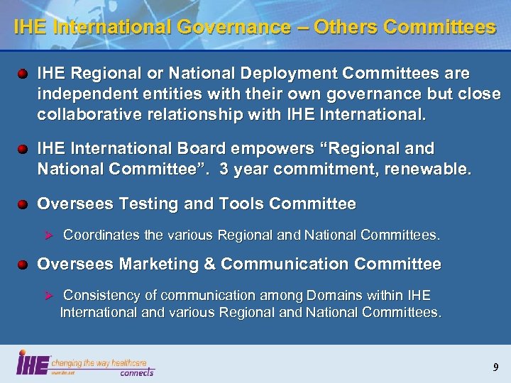 IHE International Governance – Others Committees IHE Regional or National Deployment Committees are independent