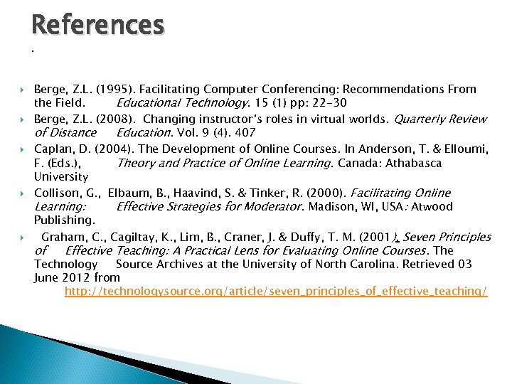 References. Berge, Z. L. (1995). Facilitating Computer Conferencing: Recommendations From the Field. Educational Technology.