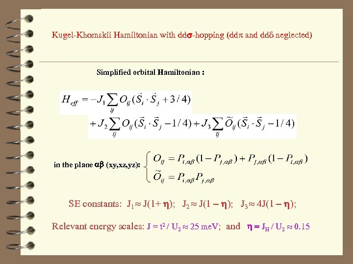 Kugel-Khomskii Hamiltonian with dds-hopping (ddp and ddd neglected) Simplified orbital Hamiltonian : in the