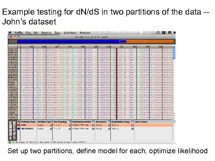Example testing for d. N/d. S in two partitions of the data -John’s dataset