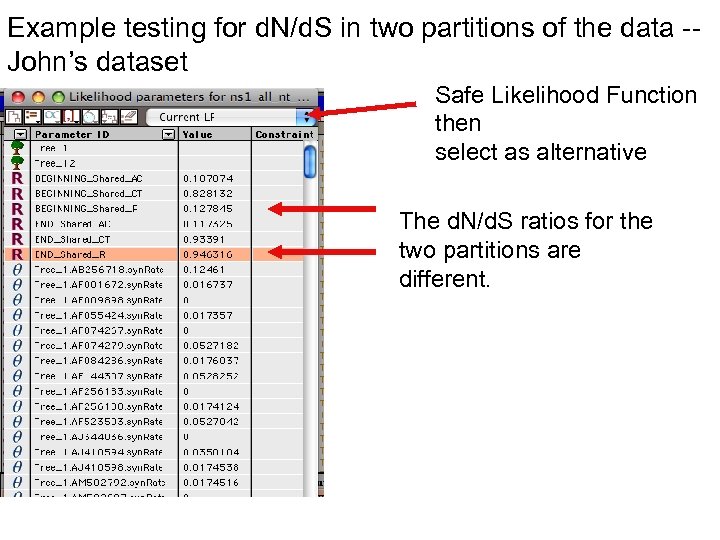 Example testing for d. N/d. S in two partitions of the data -John’s dataset