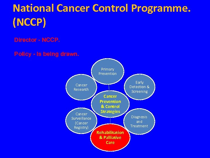 National Cancer Control Programme. (NCCP) Director - NCCP. Policy - Is being drawn. Primary