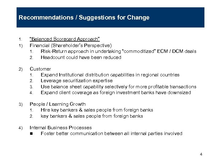Recommendations / Suggestions for Change 1. 1) “Balanced Scorecard Approach” Financial (Shareholder’s Perspective) 1.