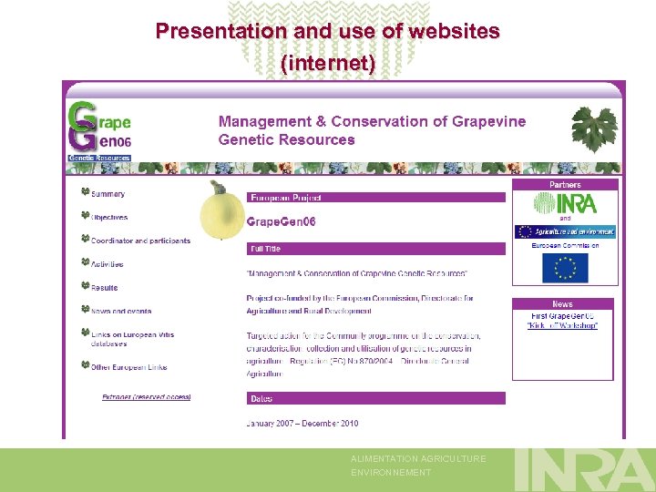 Presentation and use of websites (internet) ALIMENTATION AGRICULTURE ENVIRONNEMENT 