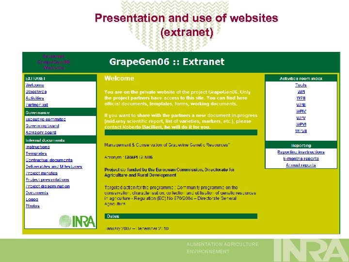 Presentation and use of websites (extranet) ALIMENTATION AGRICULTURE ENVIRONNEMENT 
