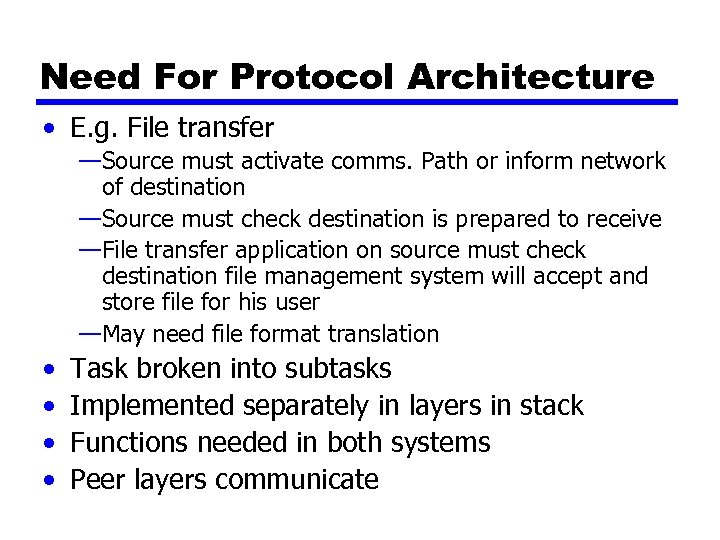 Need For Protocol Architecture • E. g. File transfer —Source must activate comms. Path