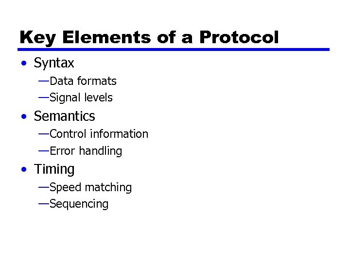 Key Elements of a Protocol • Syntax —Data formats —Signal levels • Semantics —Control