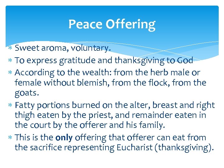Peace Offering Sweet aroma, voluntary. To express gratitude and thanksgiving to God According to