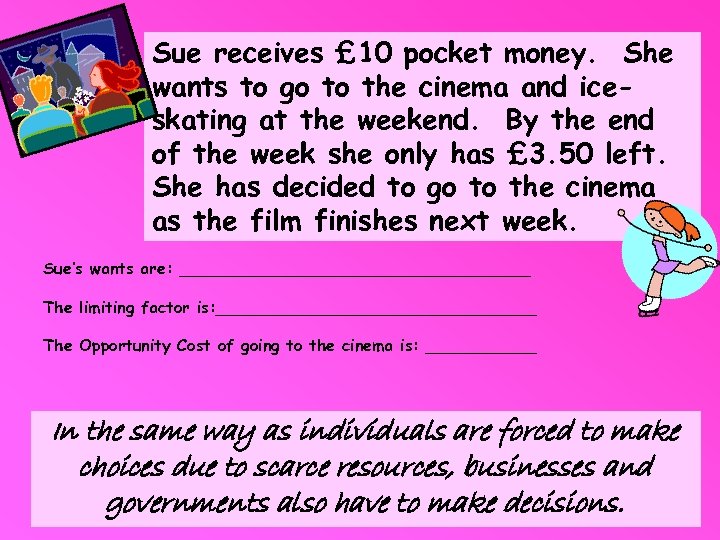 Sue receives £ 10 pocket money. She wants to go to the cinema and